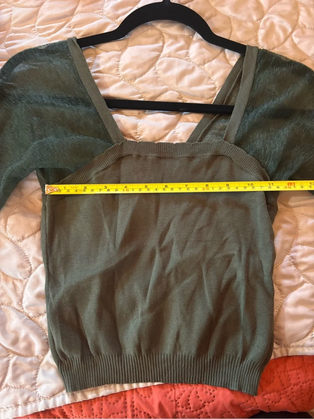 Olive Green Sheer Sleeve Cropped Knit Top
